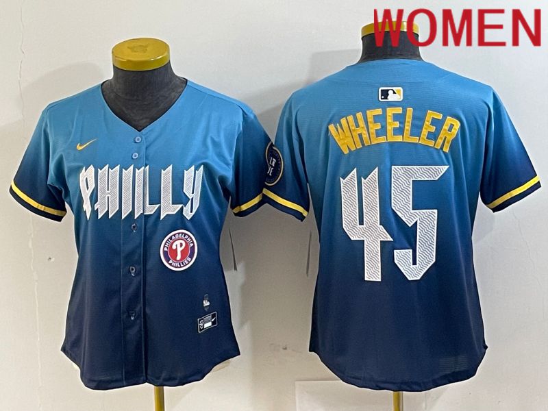 Women Philadelphia Phillies #45 Wheeler Blue City Edition Nike 2024 MLB Jersey style 5->women mlb jersey->Women Jersey